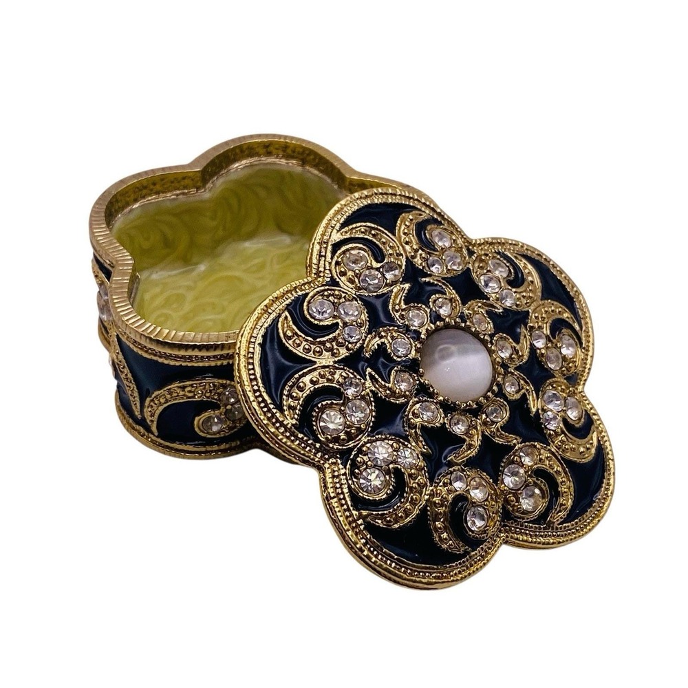 Vintage Swirled Enameled Metal Jeweled Trinket Pill Lidded Box Gold Black Beige